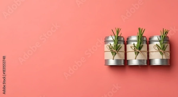 Fototapeta Three jars of bath salts with rosemary on a coral background
