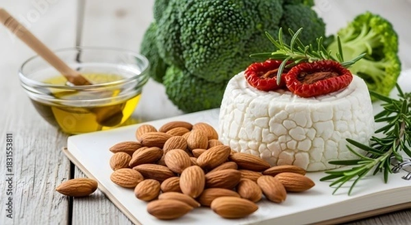 Obraz Nutritious composition with ricotta cheese, almonds, broccoli, olive oil, sundried tomatoes and rosemary