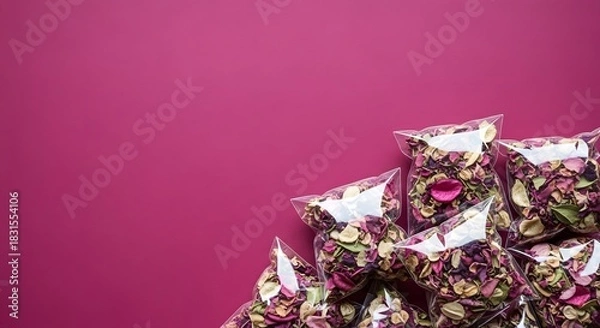 Fototapeta Bags of potpourri stacked on a dark pink background with copy space