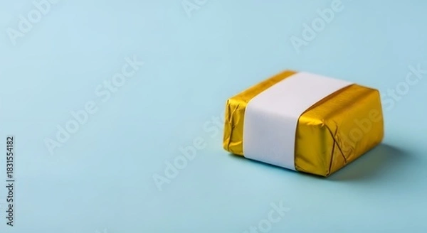 Fototapeta Golden wrapped chocolate cube with white label on a light blue background