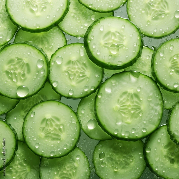 Fototapeta Fresh Green Cucumber Slices with Water Drops - Healthy and Refreshing Vegetable Background Texture