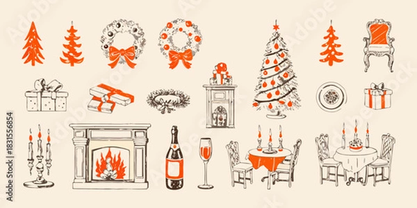 Obraz Hand drawn christmas and new year holiday elements set