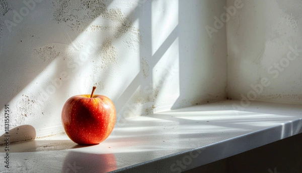 Fototapeta A red apple sits on a white surface, illuminated by sunlight casting shadows on the wall.