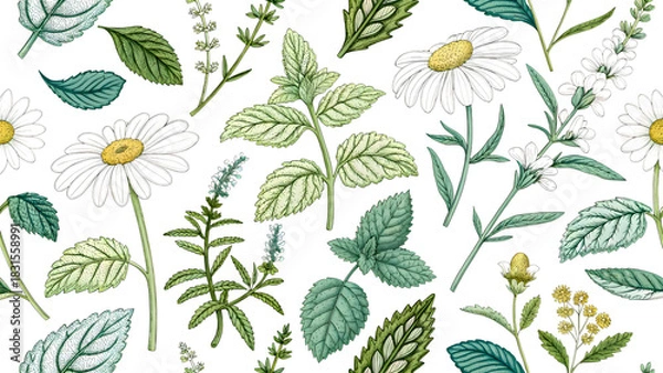 Obraz Herbal Tea Plants Engraving Pattern – Mint, Lemon Balm, Chamomile.