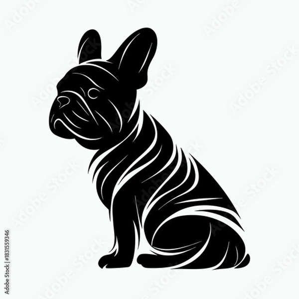 Fototapeta French Bulldog silhouette with flowing lines in black design  