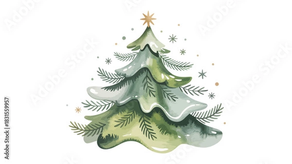 Obraz Festive Christmas Tree Decoration: A whimsical illustrated Christmas tree, adorned with delicate ornaments and a shining star, embodies the warmth and cheer of the holiday season.