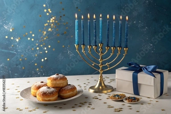 Obraz A festive hanukkah scene with a lit menorah sufganiyot donuts dusted with powdered sugar a gift box with a blue ribbon and scattered confetti on a textured blue background