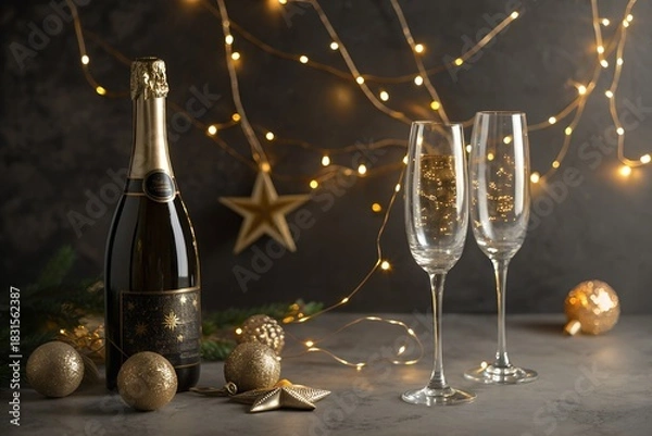 Obraz Elegant new year s eve celebration with a bottle of champagne and two flutes illuminated by warm fairy lights and festive golden ornaments creating a celebratory atmosphere