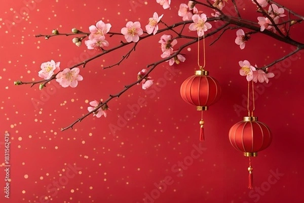 Obraz "Cherry Blossom Branch with Red Lanterns on Festive Red Background – Lunar New Year Decoration"