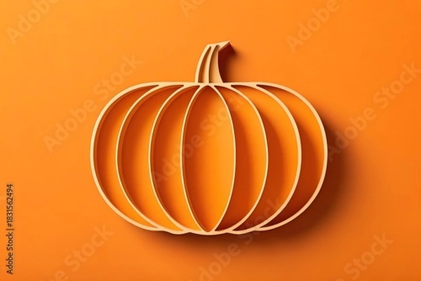 Obraz A stylized graphic representation of a pumpkin crafted from layered paper or cardstock casting a soft shadow on a vibrant orange background evoking autumn and harvest themes