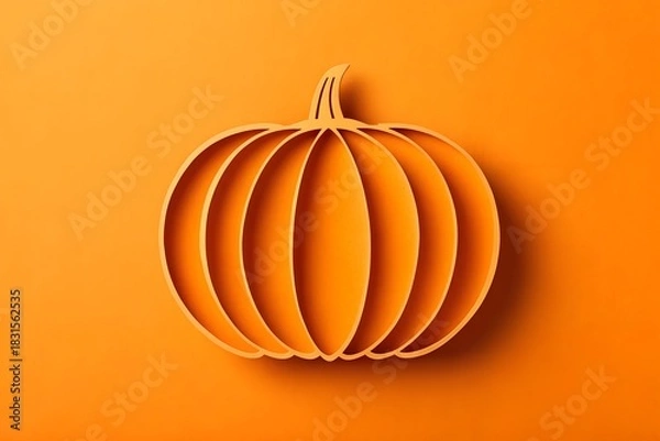 Obraz A stylized minimalist paper cut out of an orange pumpkin with a stem casting a subtle shadow on a solid orange background perfect for autumn and halloween themes