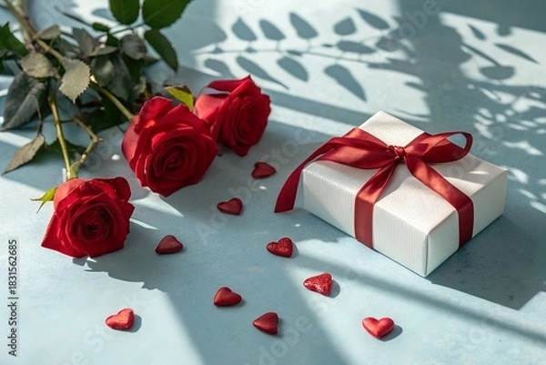 Obraz "Romantic Red Roses and Gift Box with Hearts on Light Blue Background – Valentine’s Day Flat Lay"