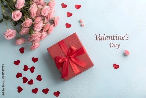 Obraz A romantic valentine s day scene with a red gift box tied with a ribbon surrounded by pink roses and scattered red heart confetti on a light blue background