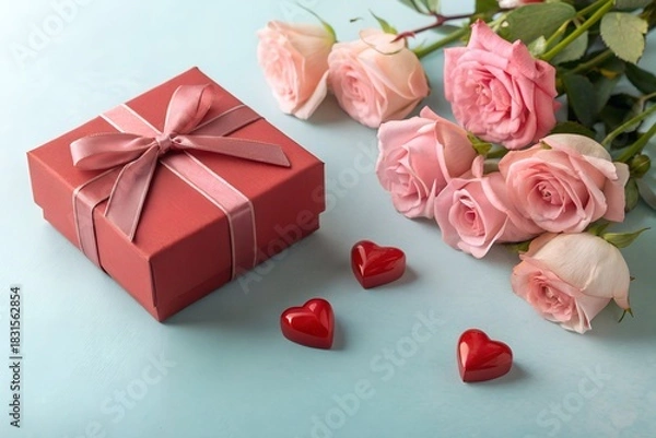 Obraz A romantic scene with a red gift box tied with a ribbon delicate pink roses and small red heart decorations on a light blue background perfect for expressing love and appreciation