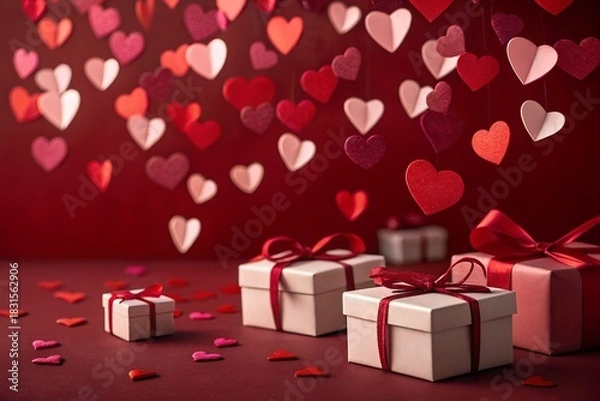 Obraz "Valentine’s Day Gift Boxes and Floating Paper Hearts on Red Background"