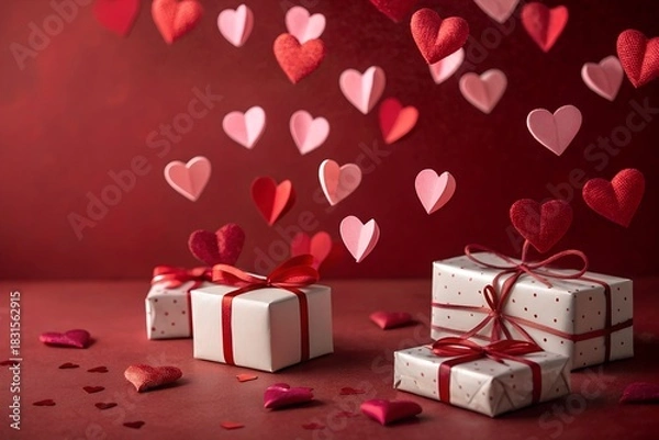 Obraz Festive valentine s day scene with falling paper hearts and elegantly wrapped gift boxes adorned with red ribbons set against a rich red background creating a romantic and celebratory atmosphere