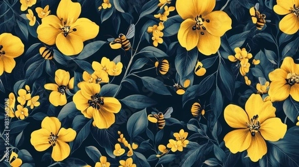Fototapeta A repeating design of yellow flowers and bees.  It's a digital illustration.
