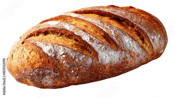 Obraz Fresh rustic artisan bread loaf with golden crust, textured surface and traditional baking style showcasing homemade food and bakery concept on white background