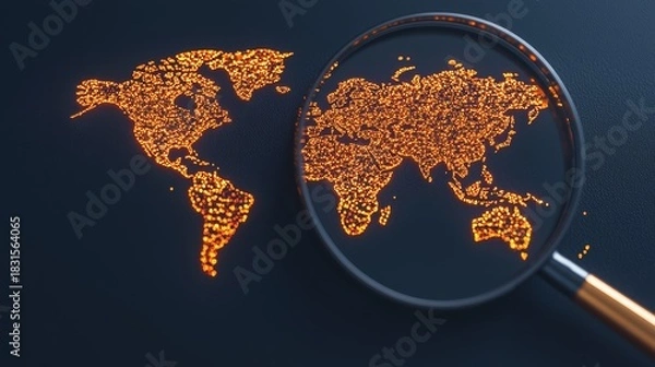 Fototapeta Magnifying Glass  Focus  Investment concept Magnifying glass over a glowing map of the world.