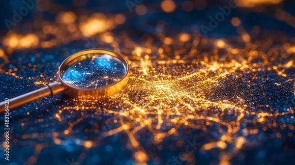 Fototapeta Magnifying Glass  Focus  Investment concept Magnifying glass over sparkling bokeh lights background.