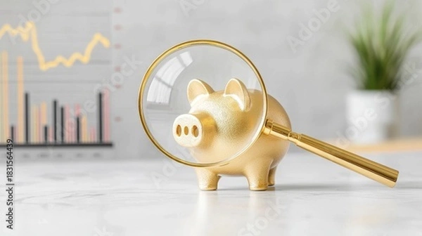 Fototapeta Magnifying Glass  Focus  Investment concept Golden piggy bank with magnifying glass and graphs background.
