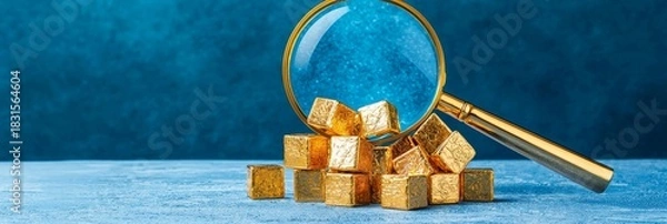 Fototapeta Magnifying Glass  Focus  Investment concept Magnifying glass over gold cubes on a blue background.