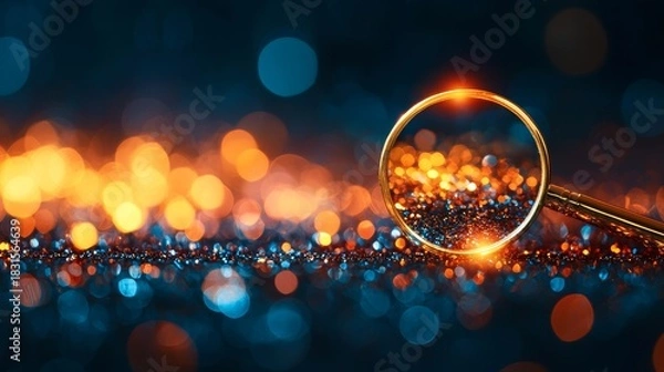 Fototapeta Magnifying Glass  Focus  Investment concept Magnifying glass over shimmering bokeh lights.