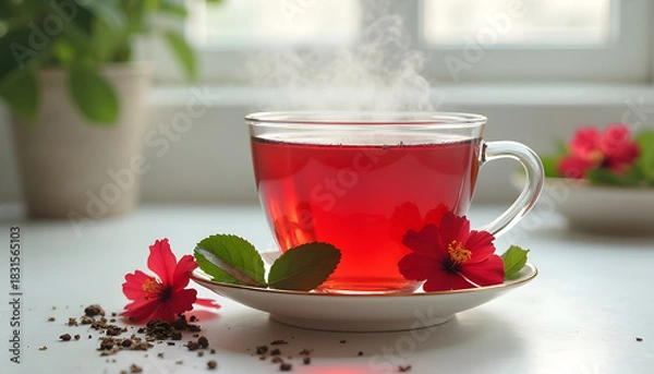 Obraz Hot hibiscus tea in a glass cup with flowers and leaves on a saucer  