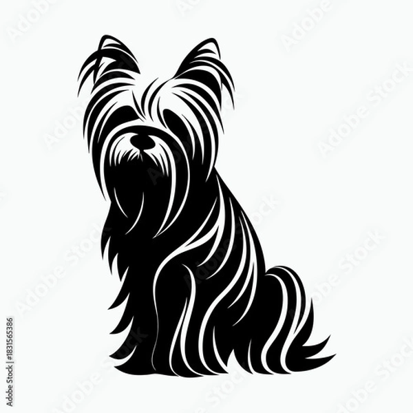 Fototapeta Stylized black silhouette of a Yorkshire Terrier sitting gracefully  