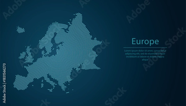 Fototapeta Abstract glowing circular map of Europe with digital blue contour lines