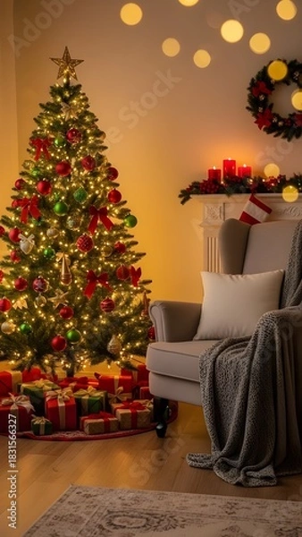 Obraz A warm, inviting Christmas living room scene. A brightly lit Christmas tree adorned with red and green ornaments stands in the corner, surrounded by perfectly wrapped gifts. A cozy, plush armchair wit