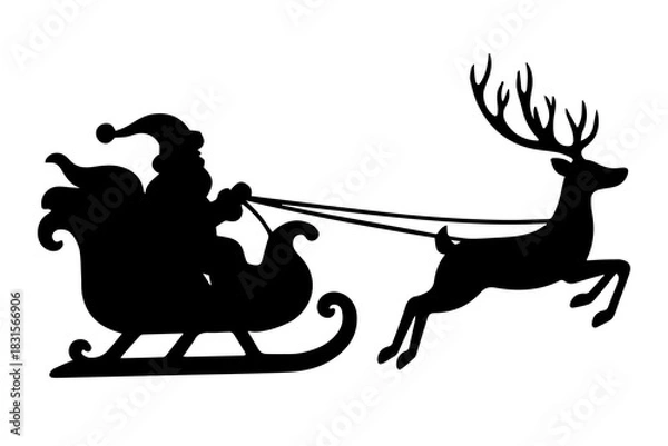 Obraz Santa Claus on a sleigh with reindeer, flying, illustration in black silhouette, on a white background.