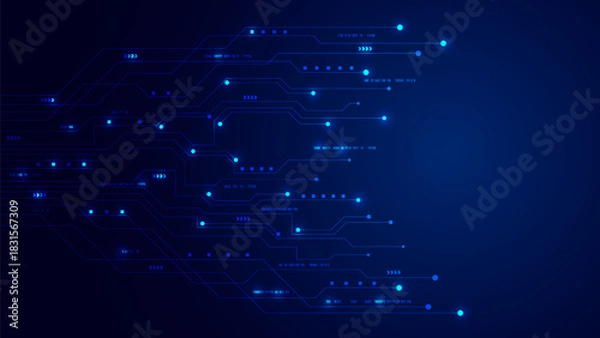 Obraz Abstract Blue Technology Background Glowing Circuit Lines Digital Data Flow Vector Illustration