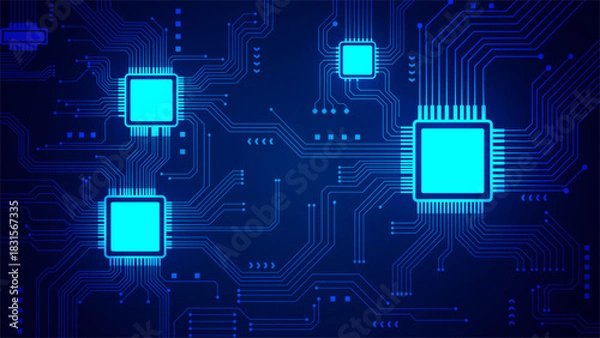 Obraz Abstract Blue Circuit Board Background With Glowing Microchips And Digital Lines Vector
