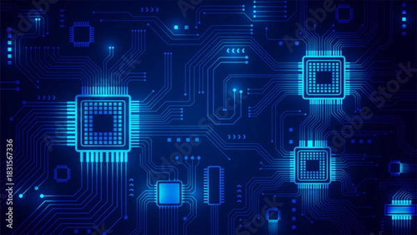Obraz Abstract Blue Circuit Board Background With Glowing Microchips And Digital Lines Vector