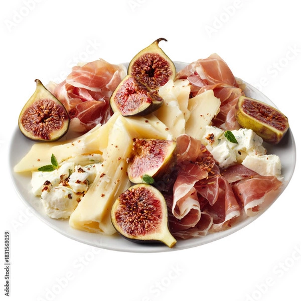 Obraz Italian appetizer prosciutto and cheeses served on white platter with figs cut out isolated on with white background(3)