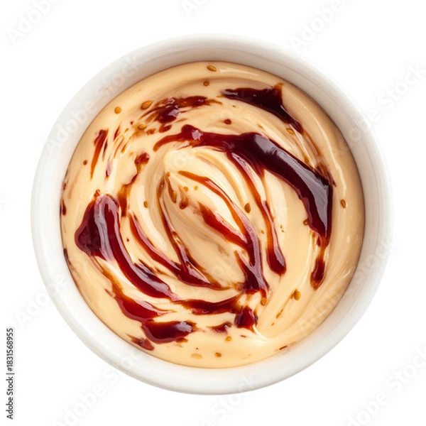Obraz Mayonaise, Bechamel, Soy sauce, ketchup on white bowl, top view with transparent isolated on with white background(2)