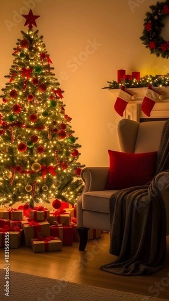 Obraz A warm, inviting Christmas living room scene. A brightly lit Christmas tree adorned with red and green ornaments stands in the corner, surrounded by perfectly wrapped gifts. A cozy, plush armchair wit