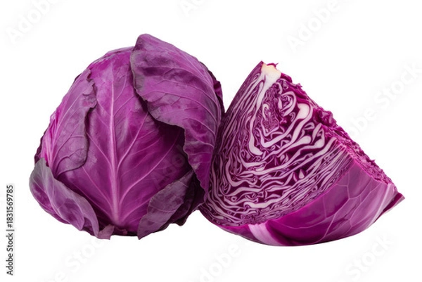 Fototapeta fresh red cabbage and a slice on white background.