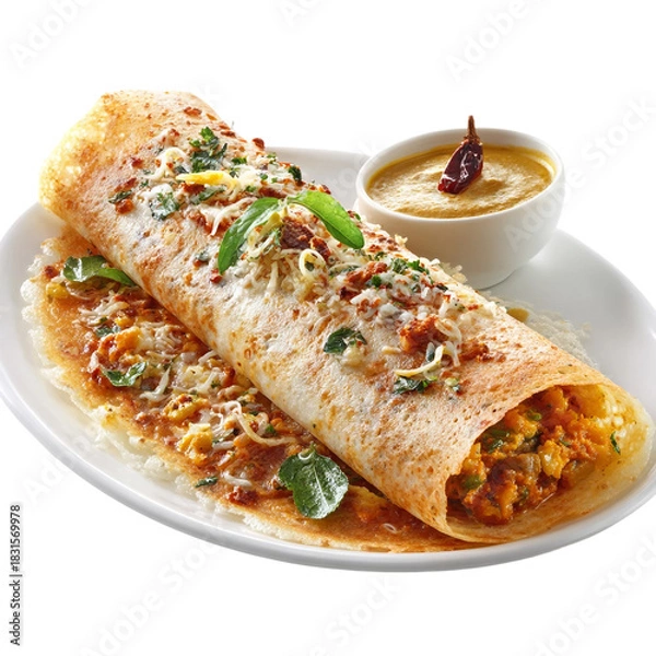 Obraz Mysore Masala Dosa Indian Dish On White Plate isolated on with white background(7)