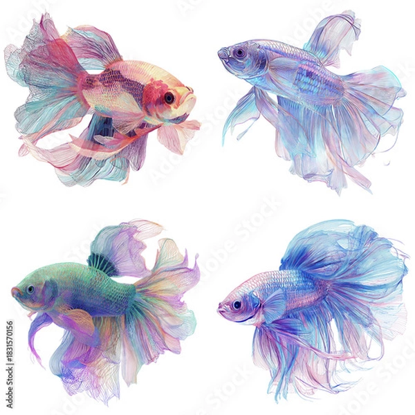 Obraz Neon line art fighting fish generative isolated on with white background