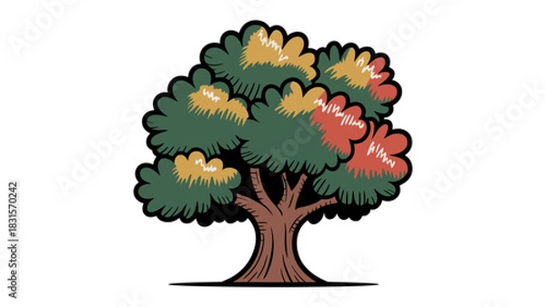 Obraz Oak Tree Illustration: A whimsical illustration of a majestic oak tree, its strong trunk supporting a full canopy of colorful leaves, symbolizing growth and resilience.