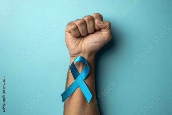 Obraz A clenched fist with a blue awareness ribbon tied around the wrist symbolizing support and solidarity for men s health awareness causes like prostate cancer