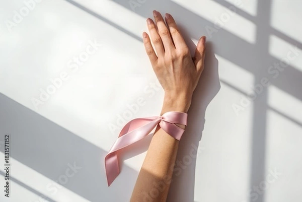 Obraz A delicate pink satin bow is tied around a woman s wrist casting soft shadows on a white background symbolizing femininity and grace