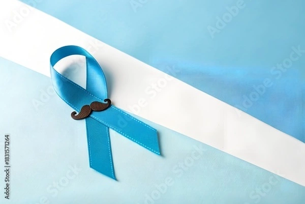 Obraz A bright blue awareness ribbon with a small mustache charm attached symbolizing men s health awareness and prostate cancer support set against a clean modern background with subtle glitter