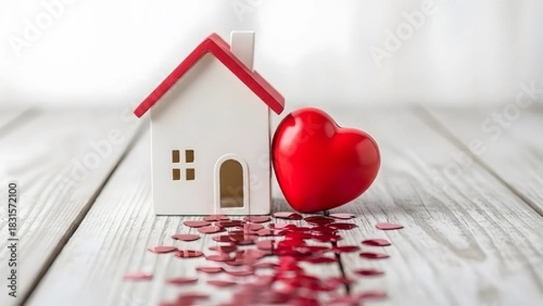 Obraz Small house with red heart and confetti on wooden surface for love