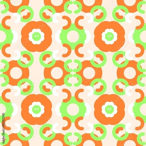 Fototapeta Bright retro seamless pattern with orange and green abstract floral shapes on soft beige background