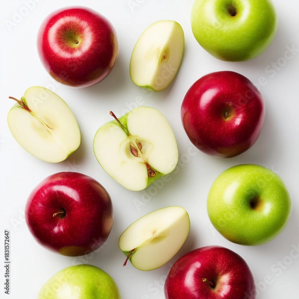 Obraz AI-generated image - A vibrant mix of fresh red and green apples, presented whole and sliced, in a clean flat lay composition on a white background. 