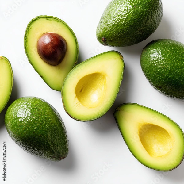 Obraz AI-generated image - A vibrant top-view flat lay of fresh, ripe avocados, including whole fruits and halves with pits visible, on a clean white background. 