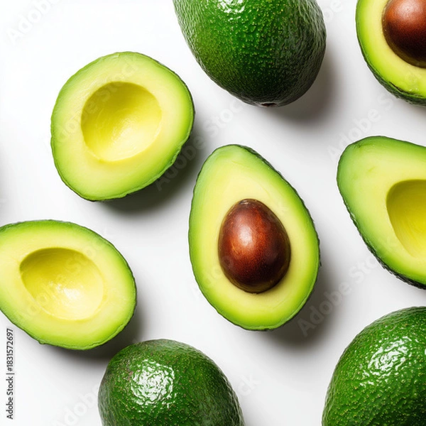 Fototapeta AI-generated image - A vibrant top-view flat lay of fresh, ripe avocados, including whole fruits and halves with pits visible, on a clean white background. 